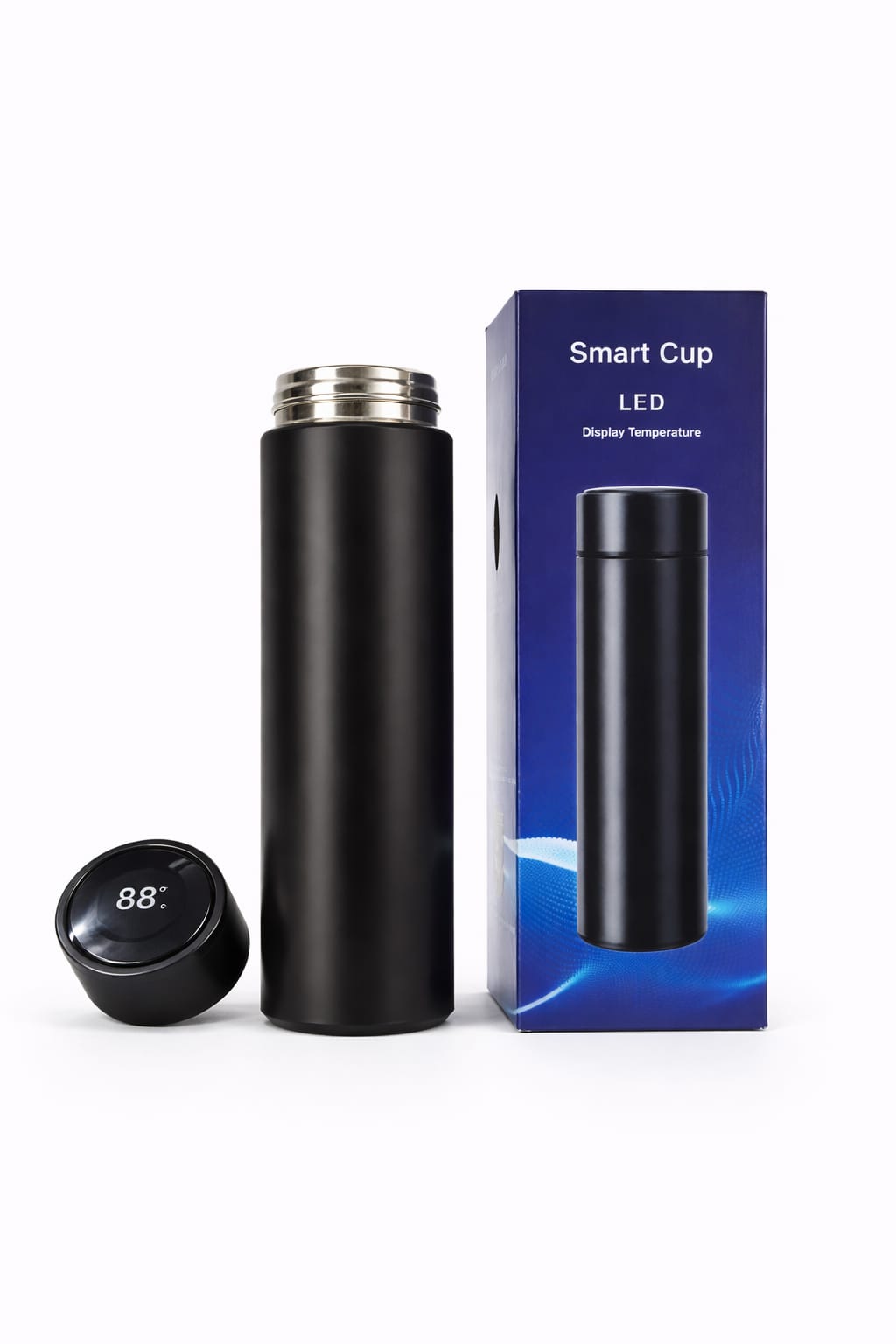 Mattschwarze Edelstahl Thermosflasche mit LED Temperaturanzeige 500 ml